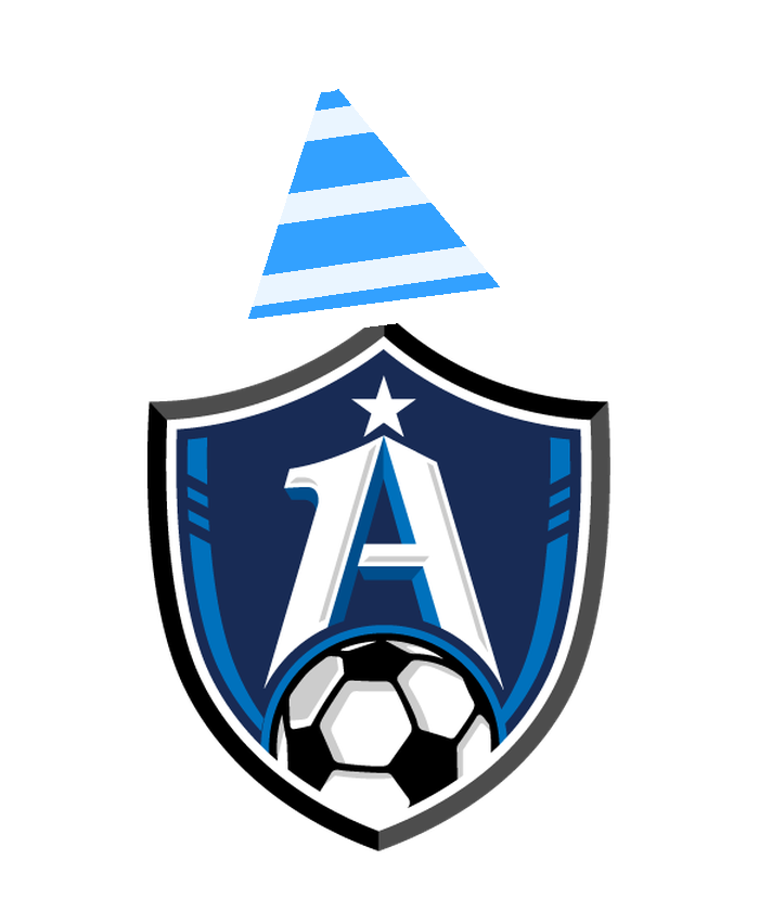 1A Soccer crest wearing a blue and white birthday party hat